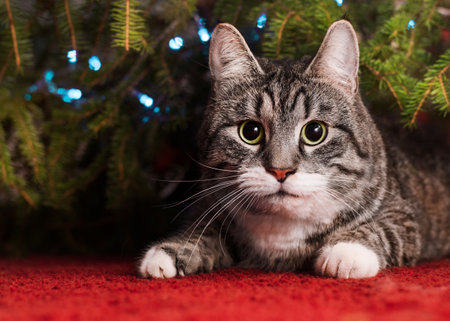 gray tabby cat sits under the christmas tree in the home roomの写真素材