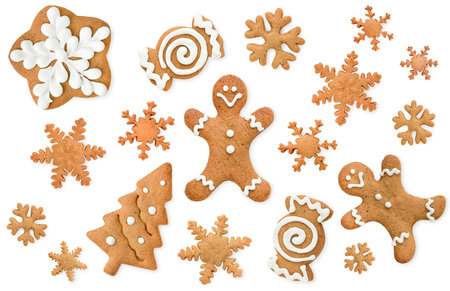 collection of different Christmas gingerbread cookies, top view, on a white isolated backgroundの写真素材