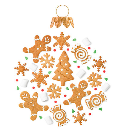 Christmas ornament consisting of cookies and marshmallows on a white isolated background. christmas conceptの写真素材