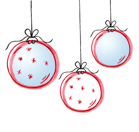 three Christmas ornaments drawn in watercolor hanging on a white isolated backgroundの写真素材
