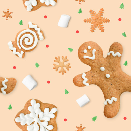seamless pattern of Christmas sweets on a beige backgroundの写真素材