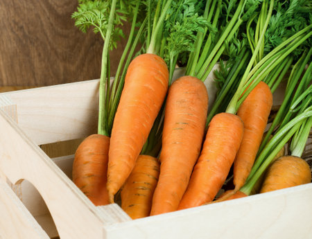 wooden box with carrots close-upの写真素材