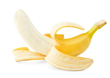 one peeled banana on a white isolated backgroundの写真素材