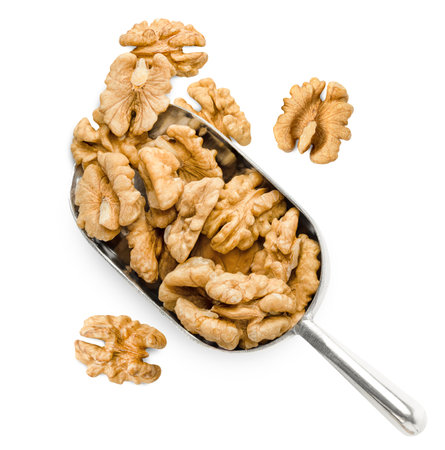 heap of walnuts on a metal spoon, on a white isolated background, top viewの写真素材