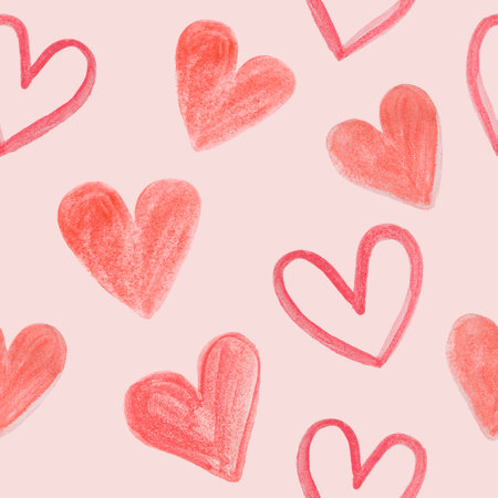 seamless pattern with watercolor painted hearts on a pink backgroundの写真素材