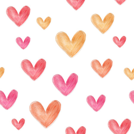 seamless pattern of hearts drawn in watercolor, for Valentine's Day, on a white isolated backgroundの写真素材