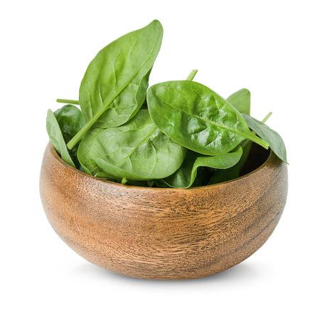 wooden plate with fresh spinach leaves on a white isolated backgroundの写真素材