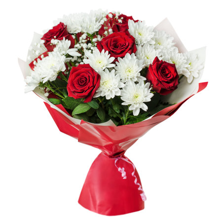 bouquet of red roses and white chrysanthemums in wrapping paper on a white isolated backgroundの写真素材