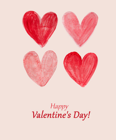 greeting card with the inscription and four watercolor hearts on a beige backgroundの写真素材
