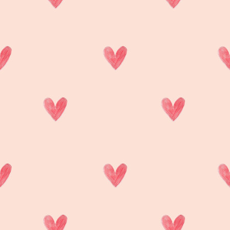 seamless pattern with red watercolor hearts on a beige backgroundの写真素材