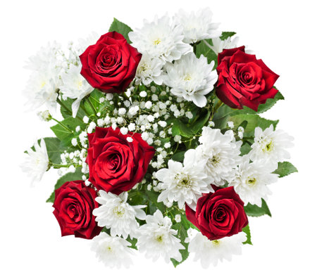 bouquet of red roses and white chrysanthemums on a white isolated background, top viewの写真素材