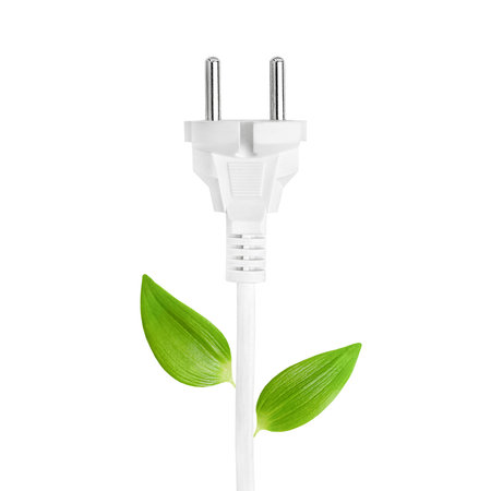 electric plug with green leaves, energy conservation concept, isolated on white background
