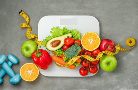 scales, dumbbells and fresh vegetables and fruits on a gray concrete background. diet and healthy eating conceptの写真素材
