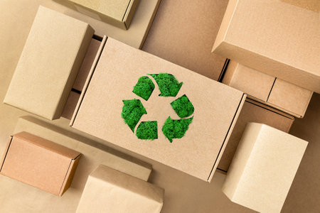 heap of cardboard boxes and one with a green recycling sign in the center, top viewの写真素材