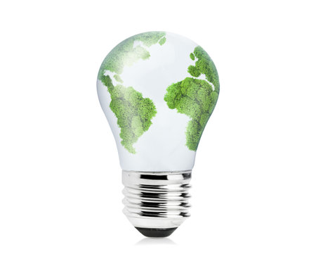 light bulb with green continents inside on isolated white background, eco conceptの写真素材