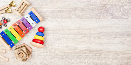 educational toys for baby on wooden backgroundの写真素材