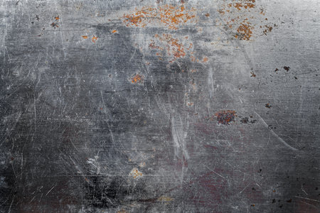 background of old scratched metal plate with rusty spotsの写真素材