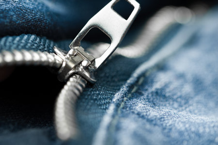 A close-up of a zipper on a pair of jeansの写真素材