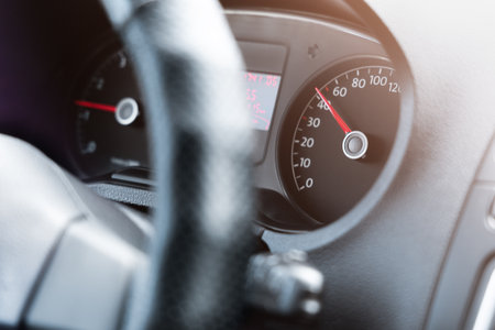 dashboard with speedometer in the car's interiorの写真素材