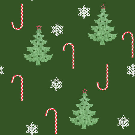 Christmas seamless pattern with candy cane, snowflakes and fir tree on green background