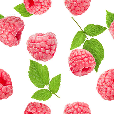 Seamless pattern with raspberries and their leaves on a white isolated backgroundの写真素材
