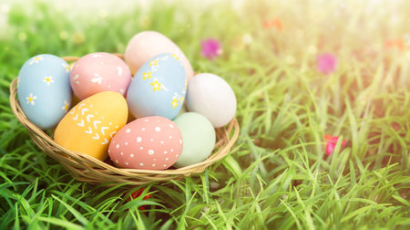 Easter eggs in a wicker plate on green grass