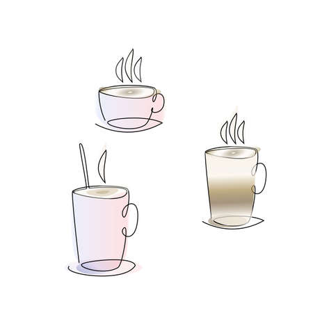 a set of cups of coffee drawn lines and watercolor in vektorのイラスト素材