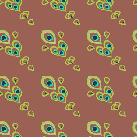 Hand drawn cute Vector seamless pattern. Bright green peacock feathers like a peacock tail located diagonally on brown background.のイラスト素材
