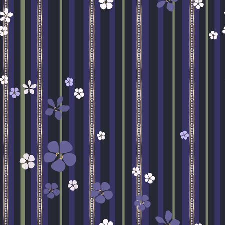 Jewelry and floral striped vector seamless pattern. Abstract white and purple flowers and gold strips with diamonds on black background. Template for design, wallpaper, wrapping, jewelry box.のイラスト素材