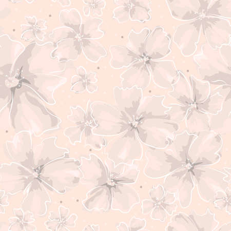 Softness floral vector seamless pattern. Abstract different size gray and pink flowers in white contour on coral background. Ornate template for design, textile, wallpaper, carton, ceramic tile, card.のイラスト素材