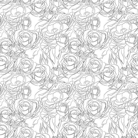Black and white floral vector seamless pattern. Hand drawn black contours of rose flowers on white background. Ornate template for design, textile, wallpaper, ceramics, coloring page.のイラスト素材