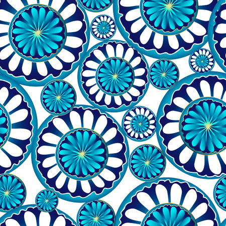 Vector seamless pattern hand drawn gradient abstract bright blue mandala flowers in golden outline . Background for textile, wallpaper, wrapping, cover page, web site, card, carton, print, banner.のイラスト素材