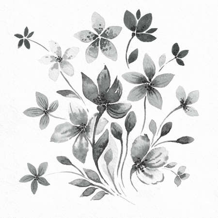 Watercolor Black and White abstract flowers with leaves on textured watercolor paper. Set of flowers for design.の写真素材