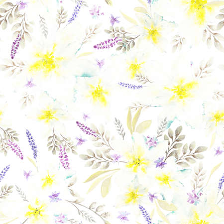 Softness watercolor seamless spring floral pattern. Hand drawn narcissus and abstract purple flowers with leaves on white background. Ornate template for design, textile, wallpaper.の写真素材