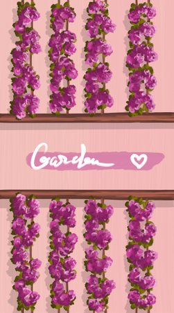 Festive spring or summer banner with curly trellis twigs with pink flowers and leaves on textured coral pink background and text "Garden". Oil painting template for banner, flyer, booklet, card.の写真素材