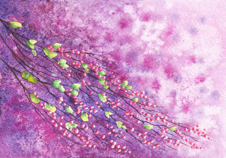 Bright purple Nature landscape. Flowering twig with flowers and leaves on textured spotted pink background. Artistic spring background. Watercolor painting on textured paper.の写真素材