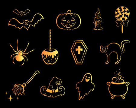Set of gold icons of Halloween. Vector illustration.のイラスト素材