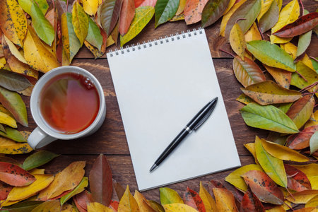 White paper notebook on a spring and a black pen on a brown wooden background with a frame of...