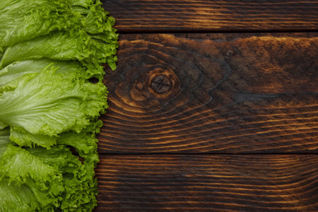 Green lettuce leaves on dark burnt wooden background top view with empty space for text, advertising template concept, healthy food preparation, ingredients and diet dishes, cookingの写真素材