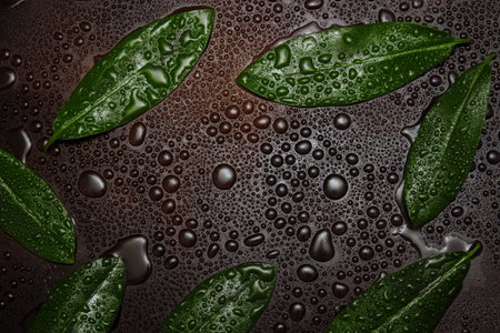 Green leaf frame on dark background with water drops close-up with empty space for text, background concept, advertising template, spa care and freshness, organic and natural productsの写真素材
