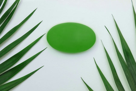Soap on a white background with green palm leaves close-up with empty space for text, advertising...