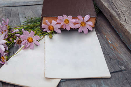old retro book with bouquet of pink wildflowers of cosmea on wooden background with paper pages with empty space for text, copy space, close-up, cover design concepts and greの写真素材