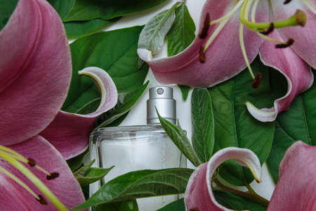 glass bottle with perfume sprayer on white background closeup with green leaves and pink lily flowers, concept of fresh women's fragrances, design of product advertisement with empty space for texの写真素材