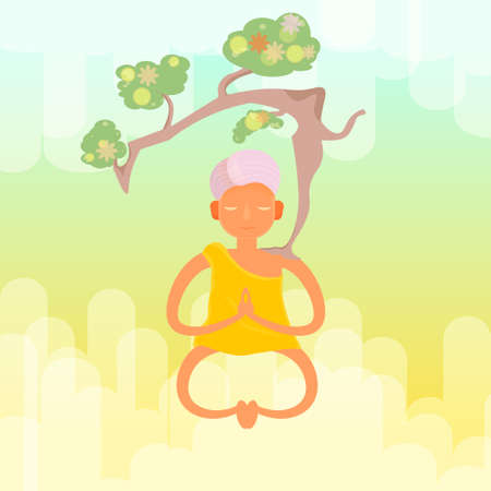 Vector meditative monk with a treeのイラスト素材
