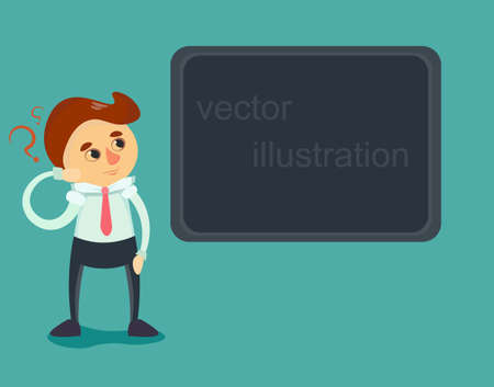 Vector puzzled businessman near the blackboardのイラスト素材