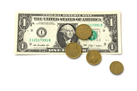 Isolated note of one American dollar and coins of European cents in 50, 20, 10 on a white...