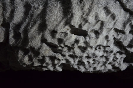 Black and white texture of snow crystals. Snow growths on the ceiling of the cave