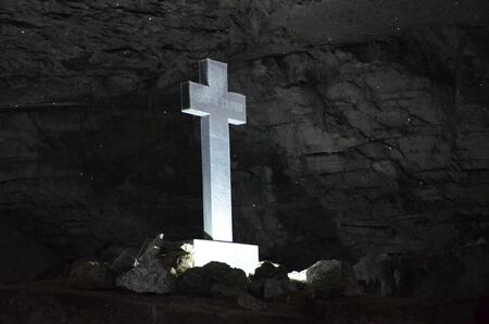 Orthodox Christian Cross in Kungur Ice Cave cross with words in Russian 'Bless and Save'の写真素材