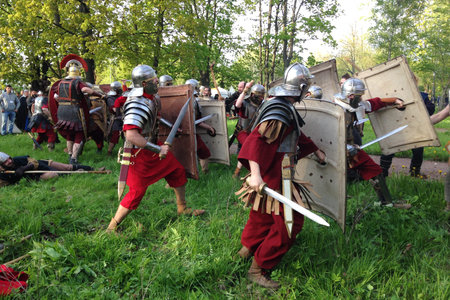 St. Petersburg, Russia - May 16, 2015: Close up of staged historical reconstruction of the battle of...