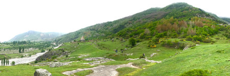 Panorama of soft silhouettes of green mountains with flowering shrubs. White clouds lie on the...
